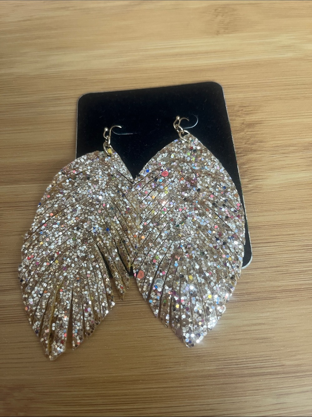 Gold Glitter Leaf Drop Earrings with Multicolor Sparkle - Women Jewelry